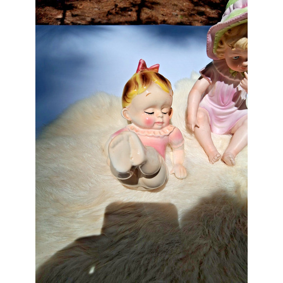 2 Piano Baby Figurine, Sleepy Girl , 7ins & Pink & Green Bonnet 8ins - Picture 9 of 9